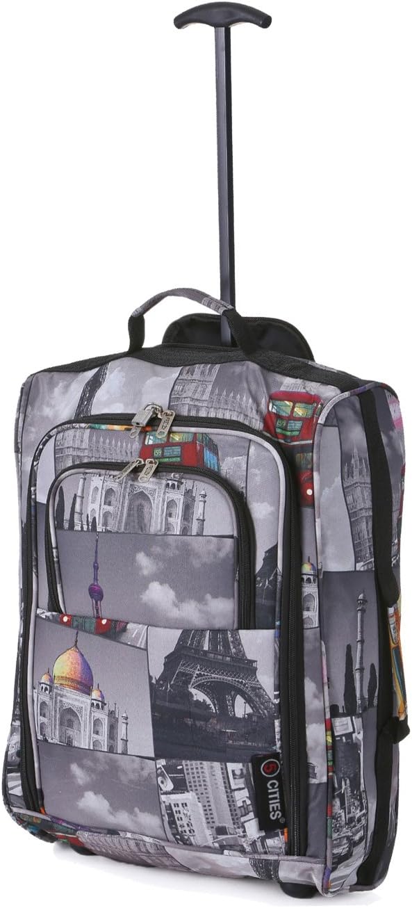 21"/55cm 5 Cities Black Carry On Lightweight Cabin Approved Trolley Bag