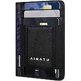 AIMATU Slim RFID Wallet Minimalist 100% Genuine Leather Front Pocket Card Holder Wallets for Men with ID Window & Gift Box