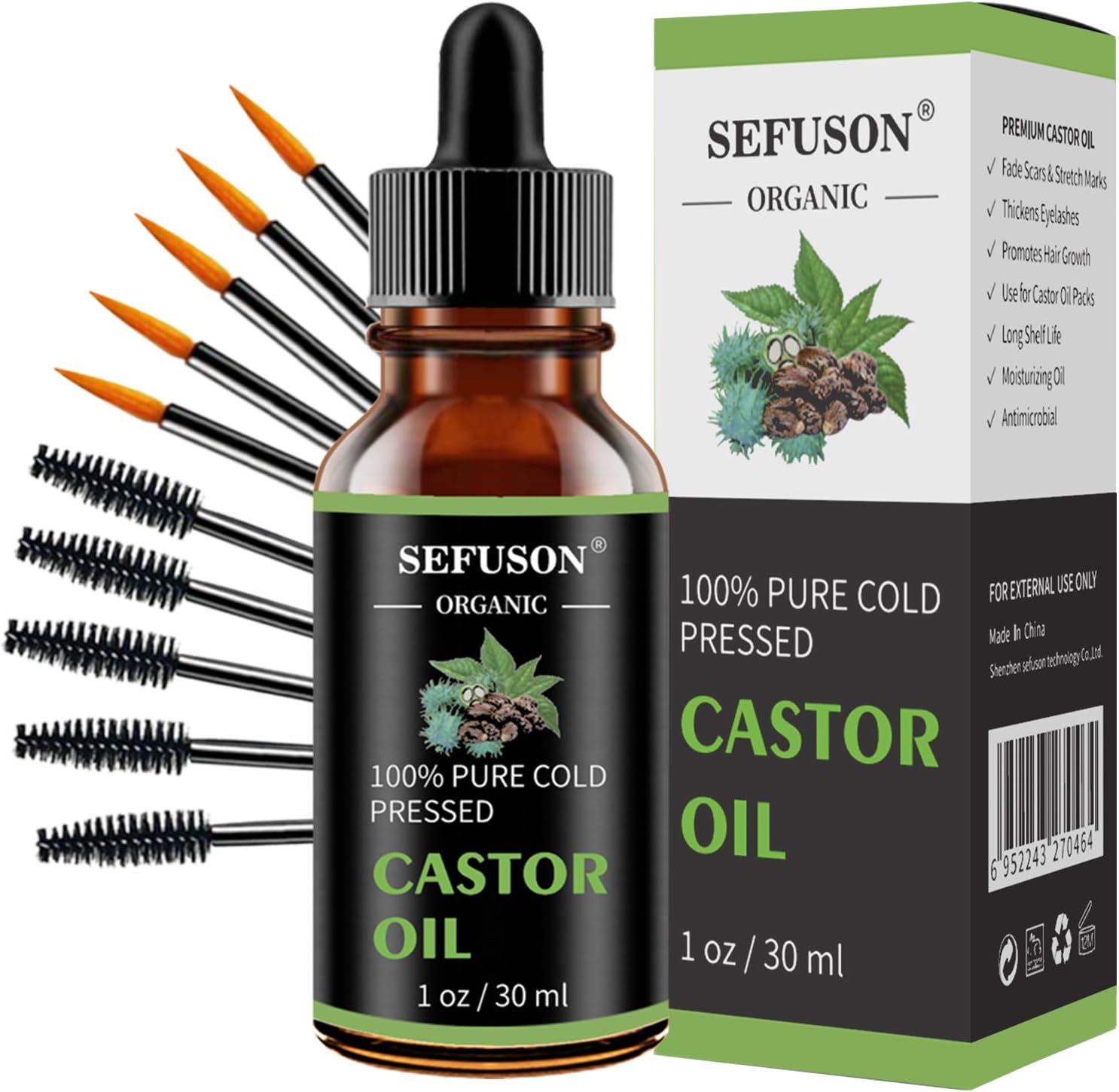 Organic Castor Oil, Cold Pressed Castor Oil, 100% Pure Castor Oil for Eyelashes, Eyebrows, Hair Growth, Skin and Face with 5 Sets of Eyebrow & Eyeliner Brushes,1 Oz(30ml) (Organic Castor Oil)