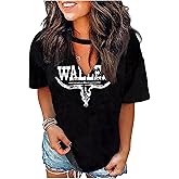 Hollow Out T Shirts for Women Western Graphic Shirts Country Cowgirls Shirts Casual Short Sleeve V Neck Tops