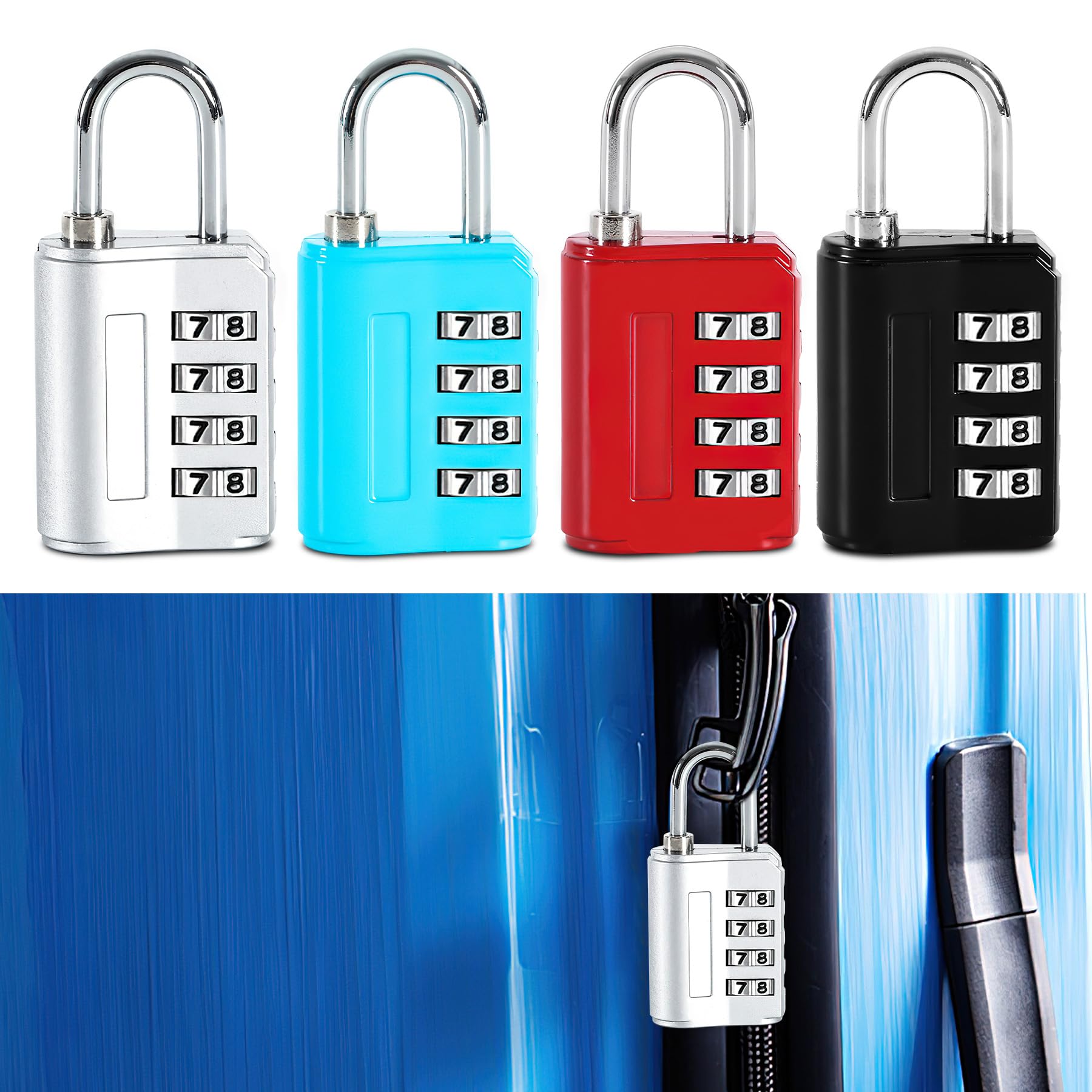 4 pcs Padlocks With Code,4 Digit Combination Padlock,Padlock for Gym Locker,Suitcase Locks,for Both Indoor and Outdoor Tasks Such as Gym Lockers, School & Employee Lockers(Black Red Silver Blue)
