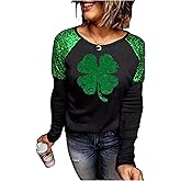 St. Patrick's Day Lucky Shamrock Sequined Splicing Blouse T Shirts for Women St Pattys Day Vacation Long Sleeve Tee Tops