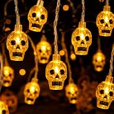 TUKIU Halloween Skull String Lights, 9.8FT 20 LED Battery Operated Lights | Battery operated flashing warm amber skull glow for indoor room, porch, garden, party, haunted house and home Halloween decor