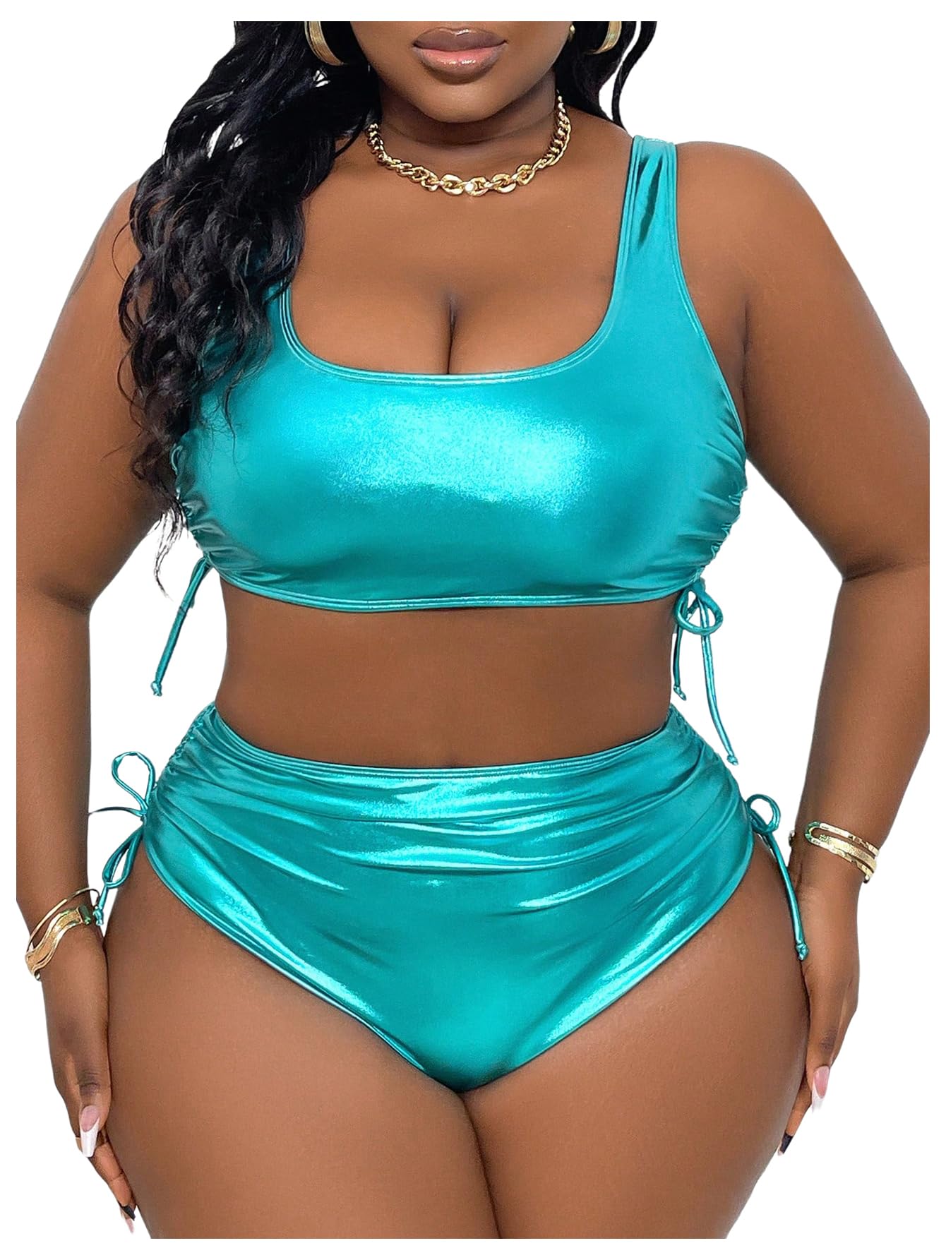 Photo 1 of MakeMeChic Women's Plus Size 2 Piece Bikini Sets Metallic Drawstring Ruched High Waist Summer Swimsuit Blue Large Plus
