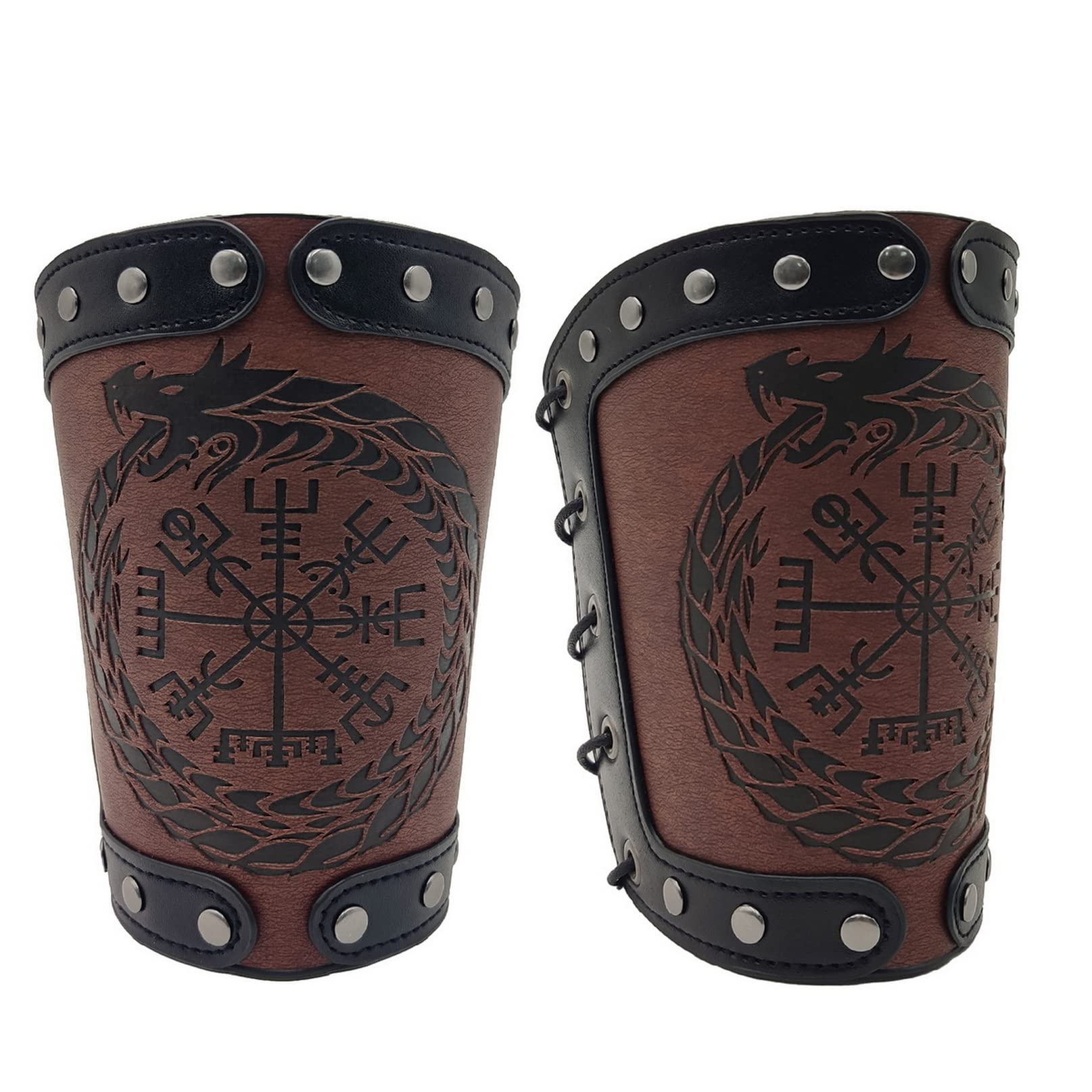 Viking Bracers,Embossed Leather Forearm Cuffs for Men Medieval Bracers Wide Leather Armour for LARP Cosplay Archery Wrap Gauntlet Wristband Viking Vegvisir Compass Arm Gauntlets (Brown)