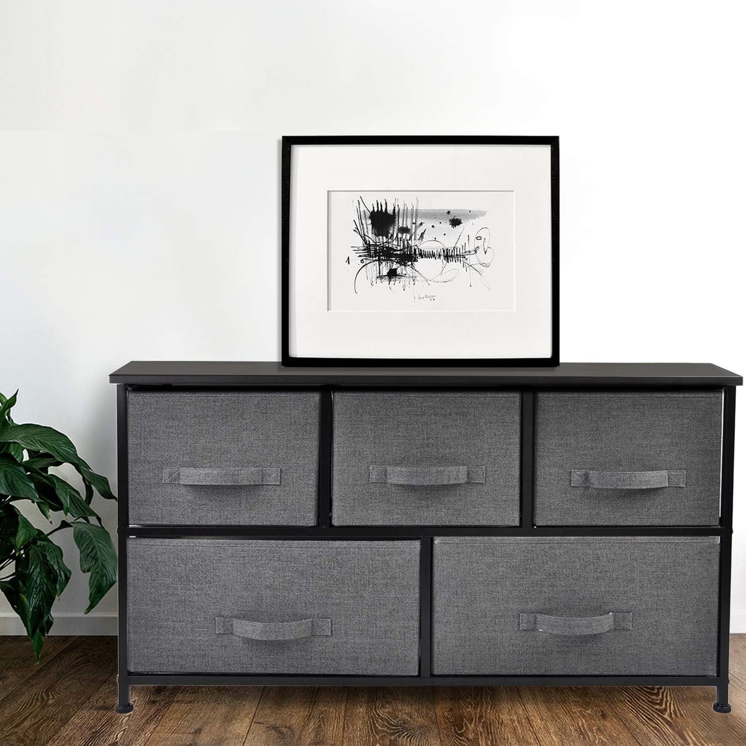 CERBIOR Wide Drawer Dresser Storage Organizer 5-Drawer Closet Shelves, Sturdy Steel Frame Wood Top with Easy Pull Fabric Bins for Clothing, Blankets - Charcoal: Home Improvement