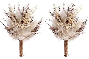 BONSION Natural Dried Flowers Boutonniere for Men Wedding Set of 2, Boho Wedding Groom and Groomsmen Boutonniere for Wedding Ceremony Anniversary, Formal Dinner and Fall Vintage Wedding (White-02)