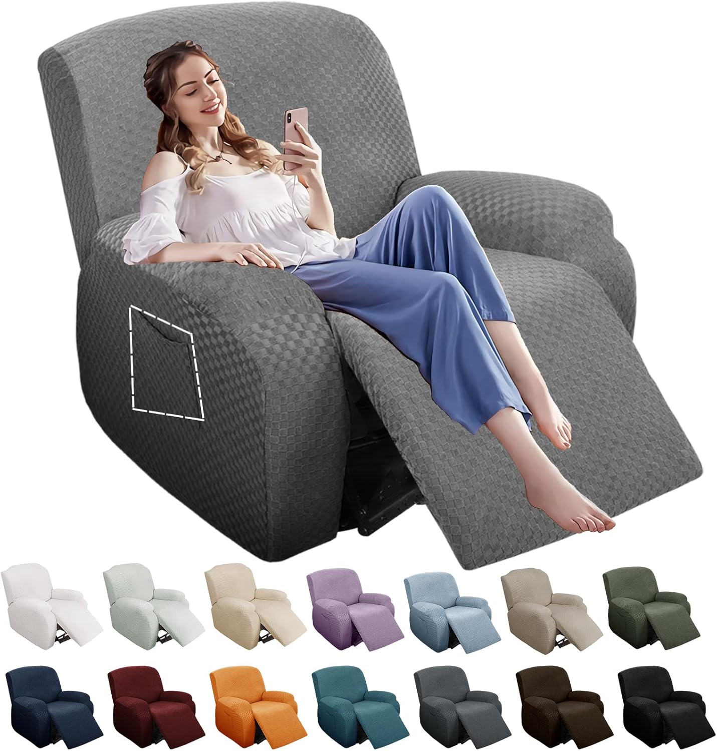 Slipcovers - YEMYHOM 4 Pieces Stretch Recliner Slipcover Latest Jacquard Recliner Chair Cover with Side Pocket Anti-Slip Fitted Recliner Cover Couch Furniture Protector with Elastic Bottom (Recliner, Light Gray)
