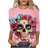 DÃa De Los Muertos Shirts for Women 2025 Mexican Day of Dead T-Shirts Skull Skeleton Print 3/4 Sleeve Tops Sweatshirt