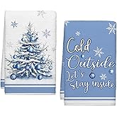 Cloudfomila Christmas Ball Trees Blue Kitchen Towel Snowflakes Cold Outside Dish Towels Set of 2, Winter Xmas Seasonal 18 x 26 Inch Hand Towel Quick Drying Dishcloth Decor for Kitchen Bathroom Home