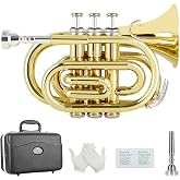 EASTROCK Pocket Trumpet Brass Bb Gold Lacquer Mini Trumpet with 7 C Mouthpiece, Hard Case, Strap, White Gloves, Cleaning Kit for Students and Beginners
