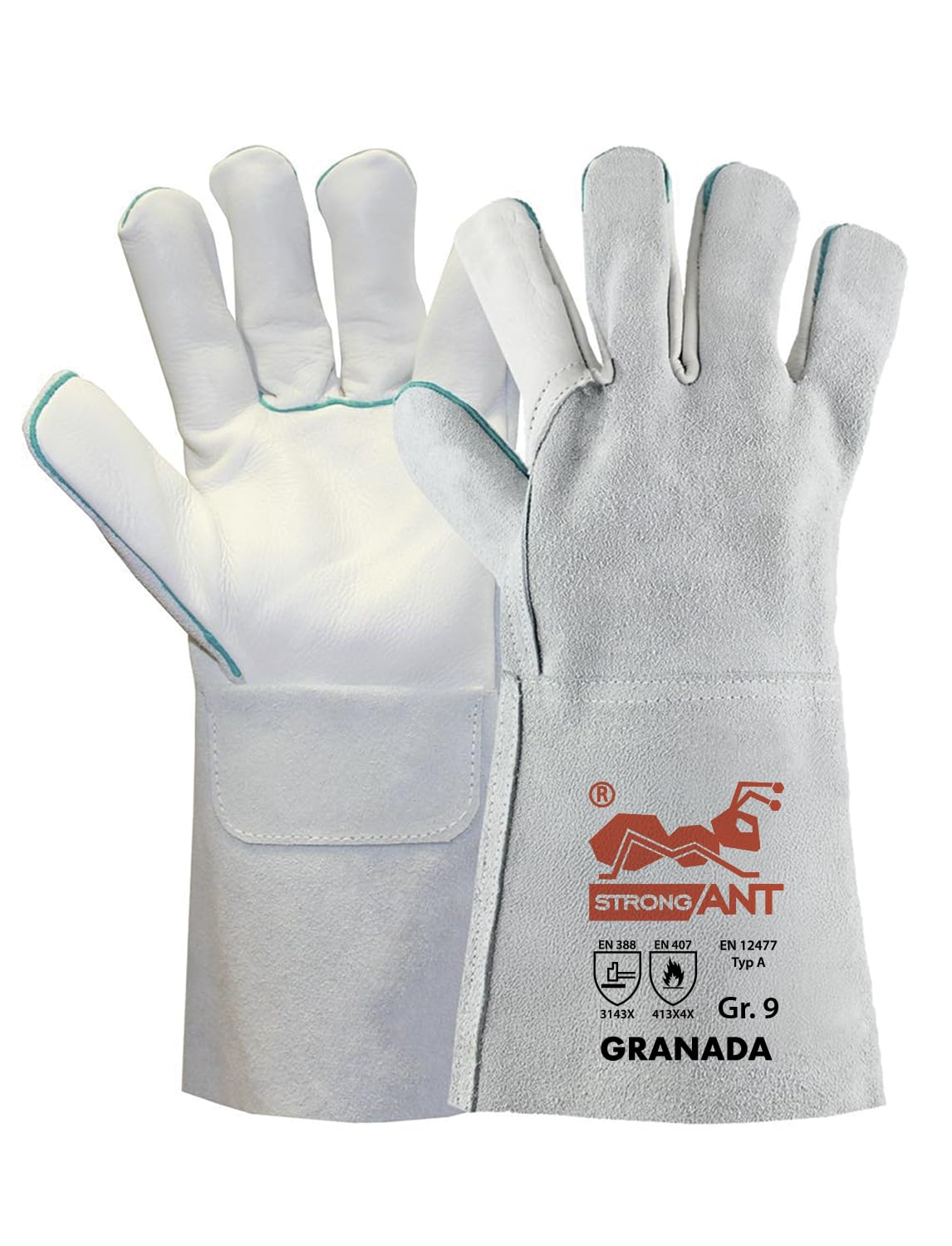 strongAnt® - 6 PAIRS - GRANADA-long - Professional Safety Gloves Work for Welders - Leather TUEV GS - Grey - Size: 9