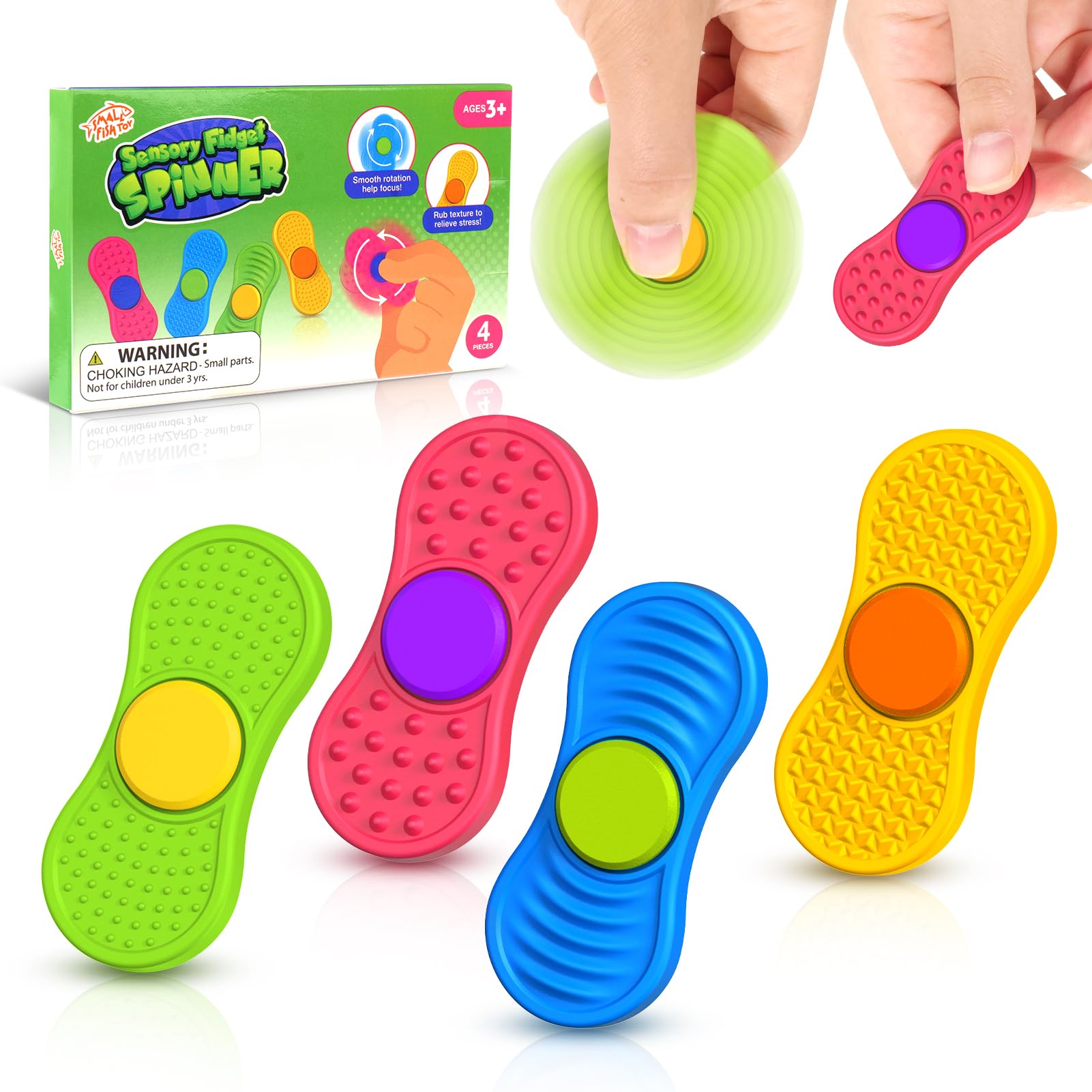 Sensory Fidget Spinnes for Kids Adults：Textured Finger Fidgets 4 Pack, Quiet Classroom Prize, Worry Stones for Kids with Autism ADHD, Stress Relief Office Desk Stress Toys Stocking Stuffers