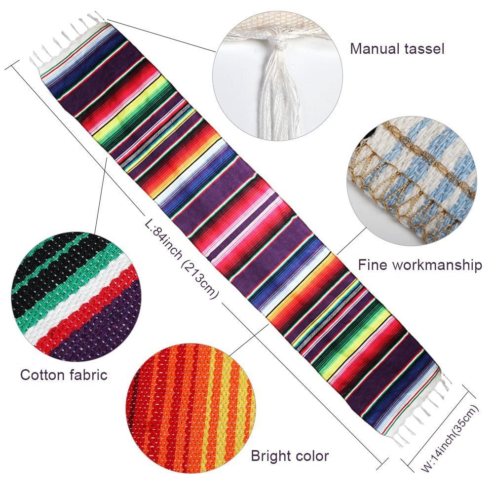 ShineU 84 x 14 inch Mexican Serape Table Runner with Fringed Ends, Vibrant Colors Cotton Woven Table Runner Ideal for Table Cloth Blanket Wall Decoration