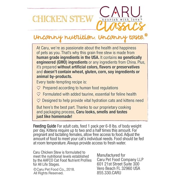 CARU – CHICKEN STEW FOR CATS, NATURAL CAT FOOD WITH ADDED VITAMINS, NON-GMO INGREDIENTS, COMPLETE AND BALANCED FOR ALL STAGES OF LIFE (6 OZ)