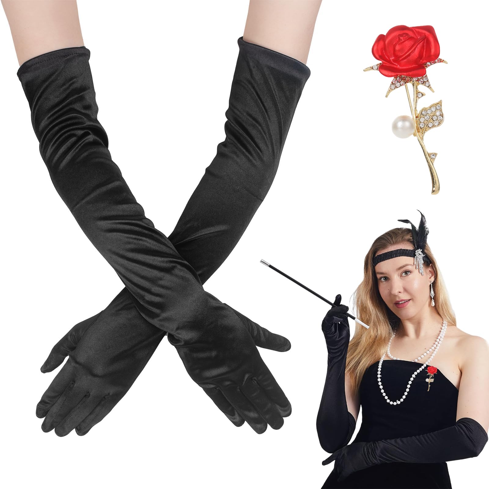 Nadiaen Black Satin Long Gloves with Rose Pin - Stretchy Elbow Length Evening Gloves for Glamorous Events and Bridal Parties