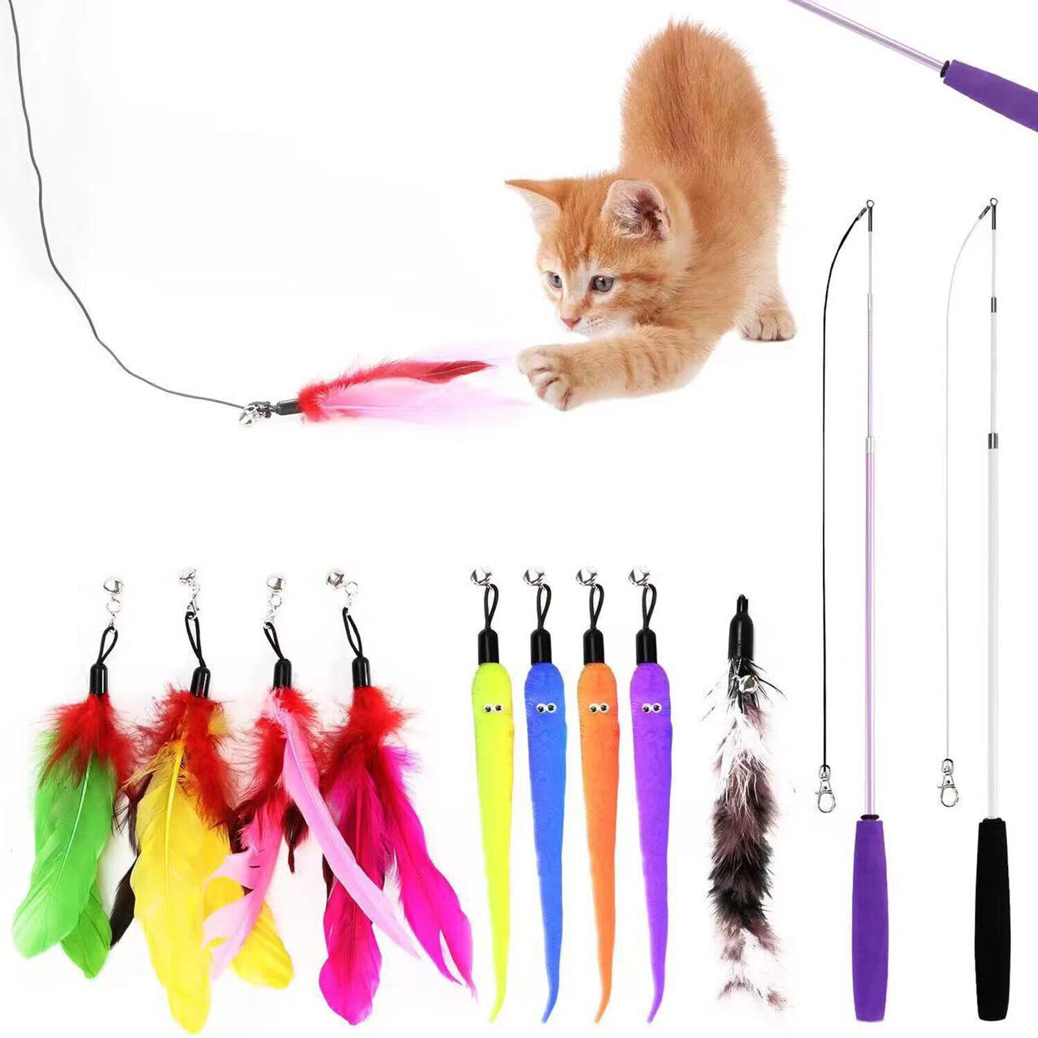 11 Pack Cat Kitten Toy Feather Bell Wand Teaser Rod Interactive Play Pet Toys Gift 11Pcs Tease Spinning Attachment Catcher Training Fun Exercise, Activity Volour Coloured Nip Bird Refective Mice