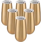 6 Pack Stemless Double Insulated Champagne Flute Tumbler with Lid, 6 Oz Unbreakable Reusable Cocktail Cups Champagne Toasting Glasses, Birthday Christmas Gifts for Friends, Wine Glass Tumbler, Golden
