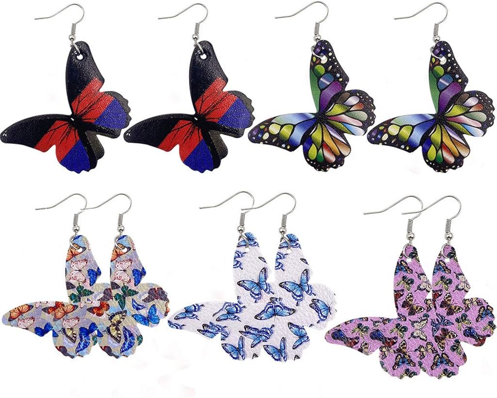 5 Pairs PU Leather Butterfly Drop Earrings Kit Stainless
