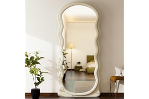GLSLAND 71" x 30" Irregular Full Length Mirror with Flannel Wrapped Wooden Frame - Extra Large Full Mirror for Hanging or Leaning Against Wall in Cloakroom, Bedroom, Living Room, White