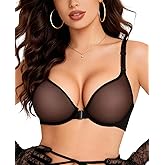 YANDW Sexy Womens Mesh Front Closure Racerback Bras for Women See Through Plunge Non Padded Unlined Sheer Demi Bra Underwire
