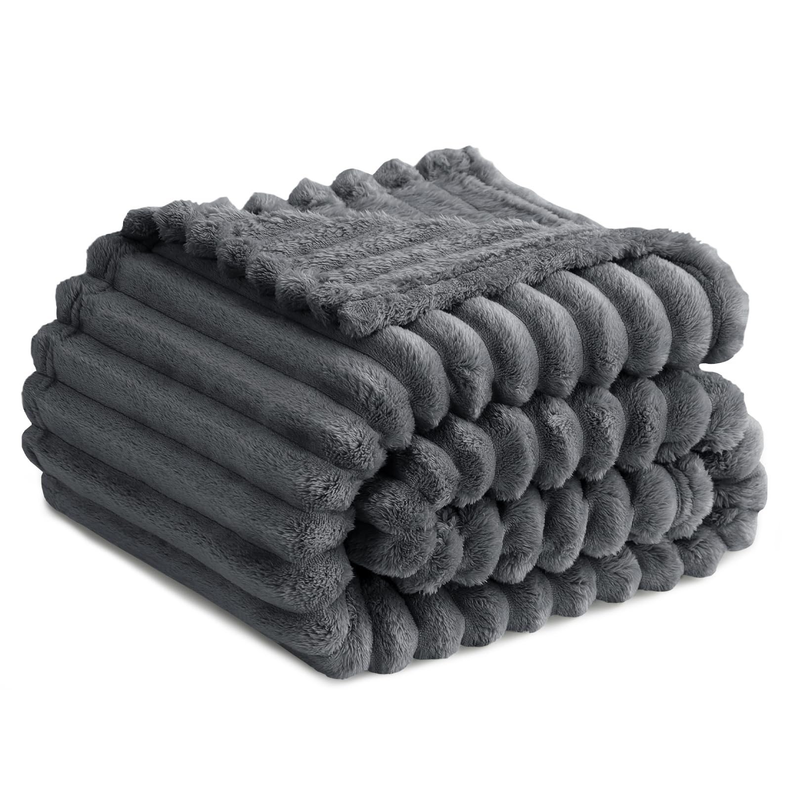 RUIKASI Fleece Throw Blanket for Sofa - Single Fluffy Grey Throws for Sofas Large, Soft Warm Blanket Throw for Couch, Luxury Decorative Ribbed Bed Blanket 130x150cm