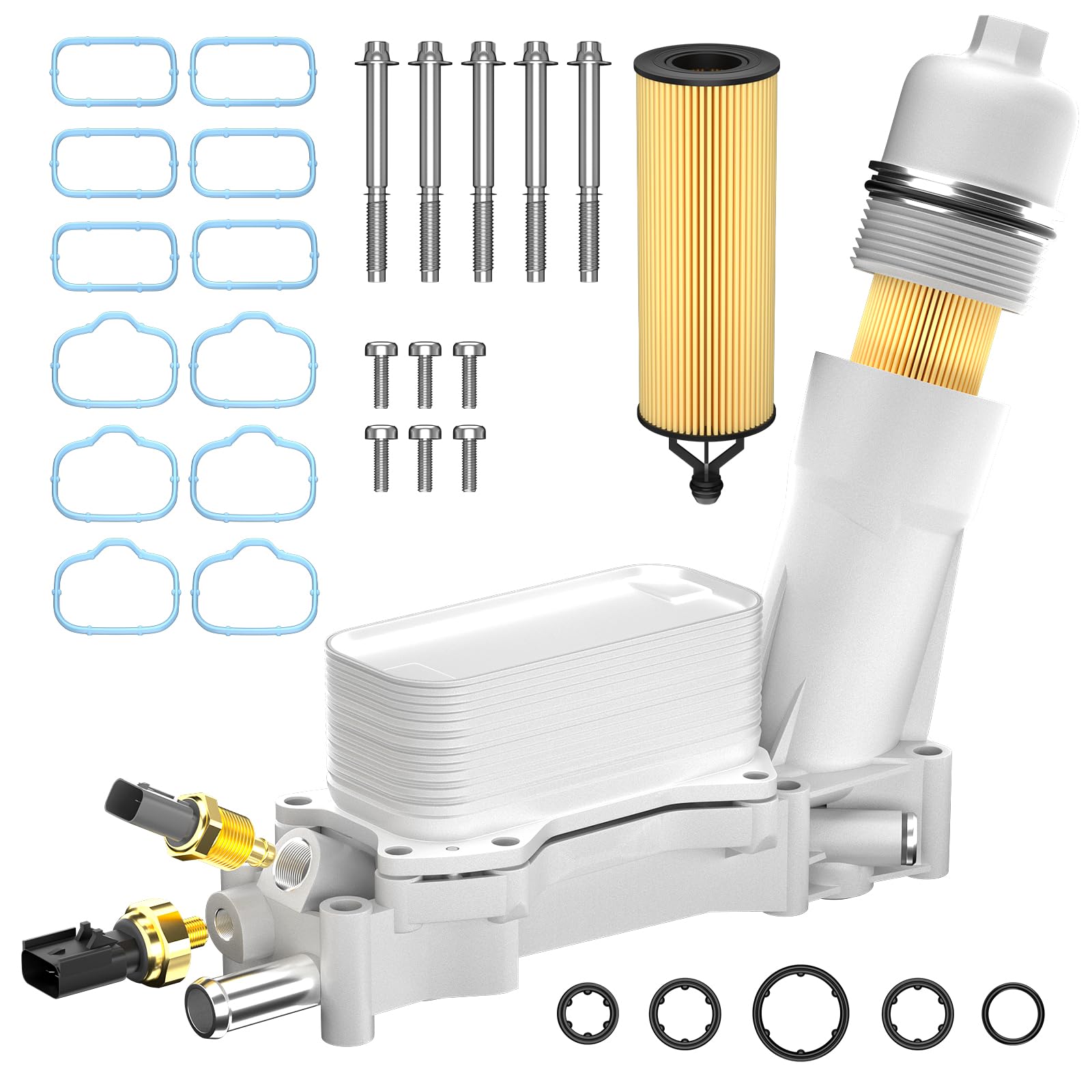 Photo 1 of 926-959 Improved Full Aluminum Engine Oil Filter Housing Kit with Oil Cooler Sensors & Gaskets Compatible with 2011-2016 Chrysler 200 300, Dodge Charger Avenger, Jeep Wrangler, Ram ProMaster 3.6L V6