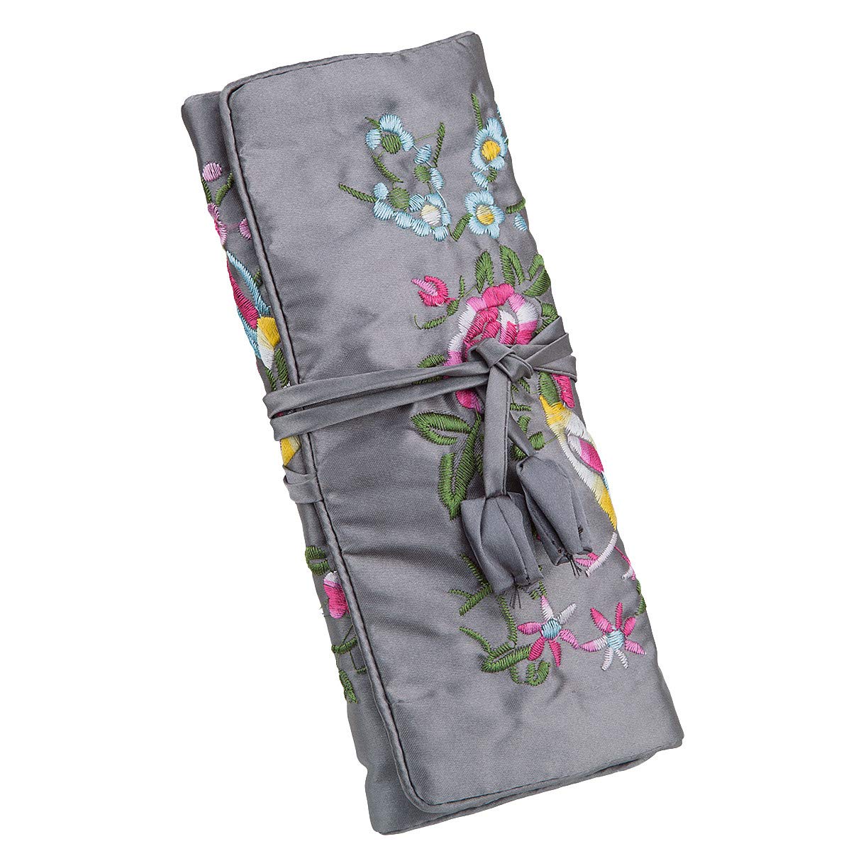 Mookaitedcor Garden Design Embroidered Jewellery Roll with Beautiful Flowers, Bag Organiser for Earrings, Necklaces, Bracelets, Watch gray