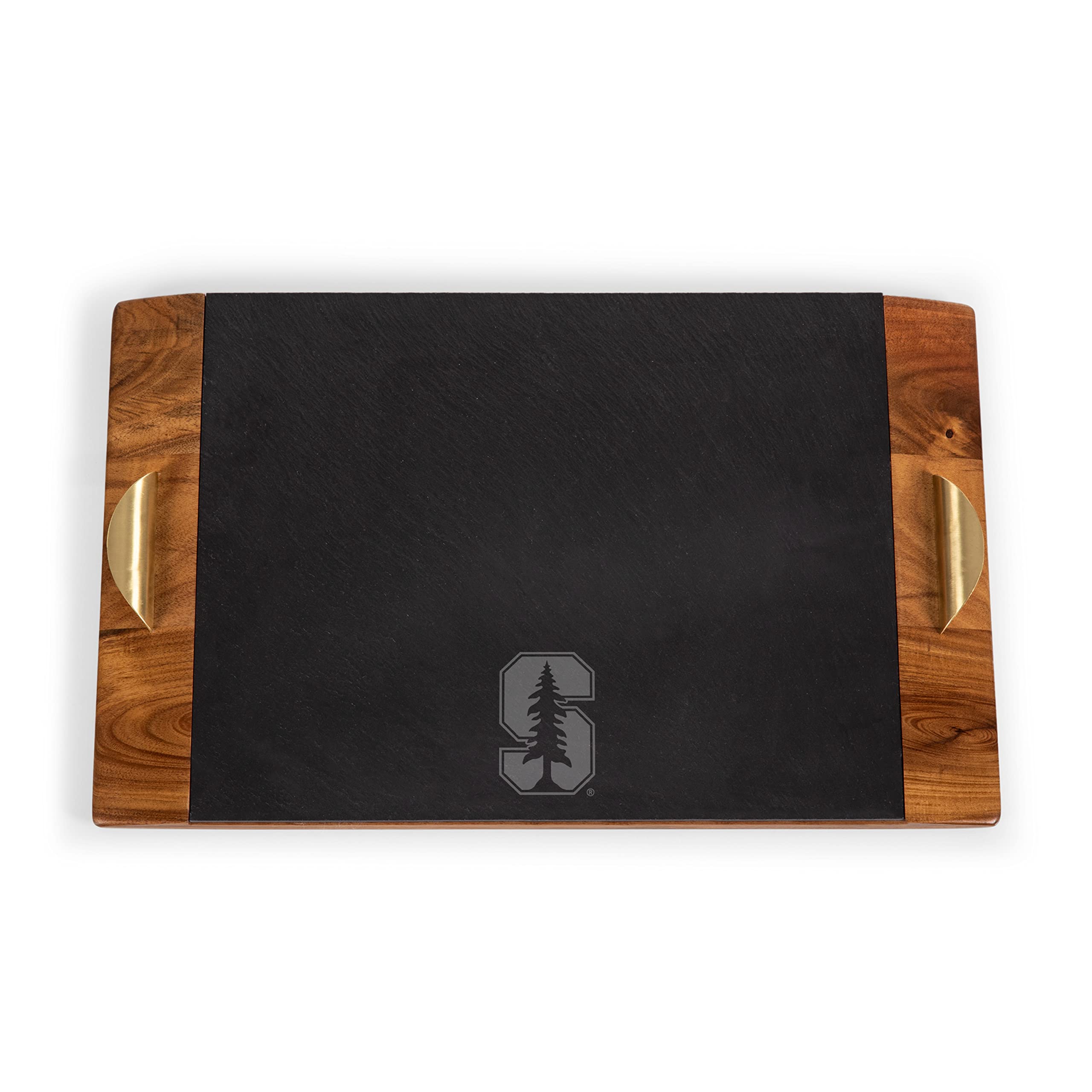 PICNIC TIME NCAA Stanford Cardinal Covina Acacia and Slate Serving Tray, Charcuterie Board Set, (Acacia Wood & Slate Black with Gold Accents)