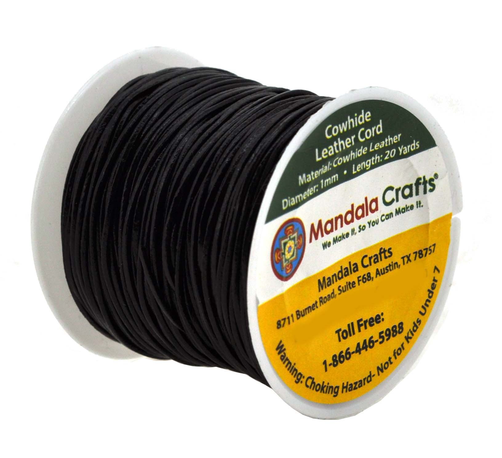 Mandala Crafts Round Cowhide Genuine Black Leather Cord for Jewelry Making Kumihimo Leather Rope Spool - Black Leather String Lace - 20 Yds 1mm Leather Cording