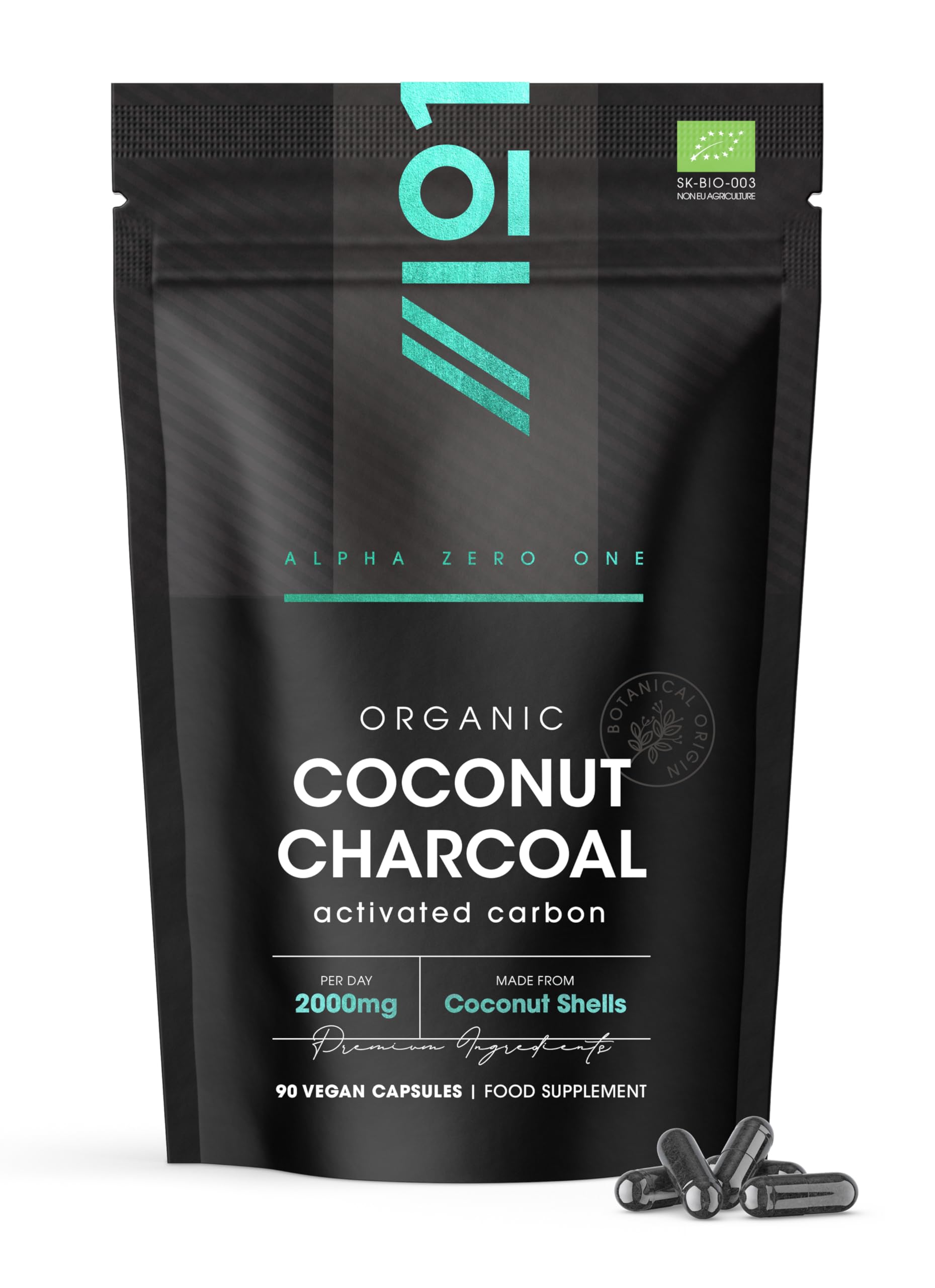Organic Activated Coconut Charcoal 2000mg – 90 Vegan Capsules – Bloating & Gas, Digestion & Flatulence Natural Relief – Resealable and Recyclable Pouch by Alpha01