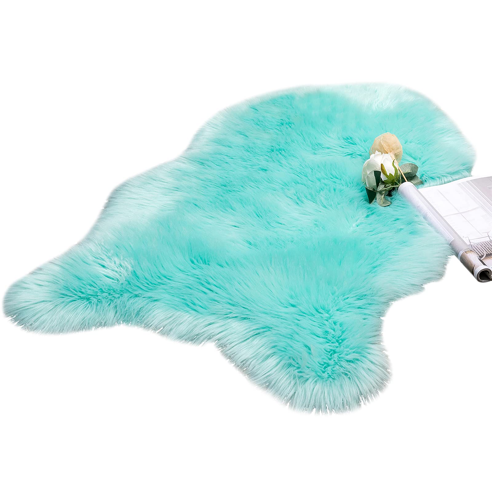 MIULEE Faux Fur Area Rugs Sheepskin Fluffy Mat Fleece Chair Cover Seat Pad Soft Shaggy Area Mat for Bedroom Sofa Floor 60 x 90 cm Irregular Shape Sky Blue