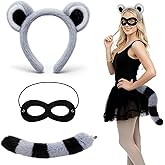 Haysandy 3 Pcs Raccoon Costume Set Raccoon Headband Tail Eyemask Animal Costume Accessory for Halloween Cosplay Birthday Suit
