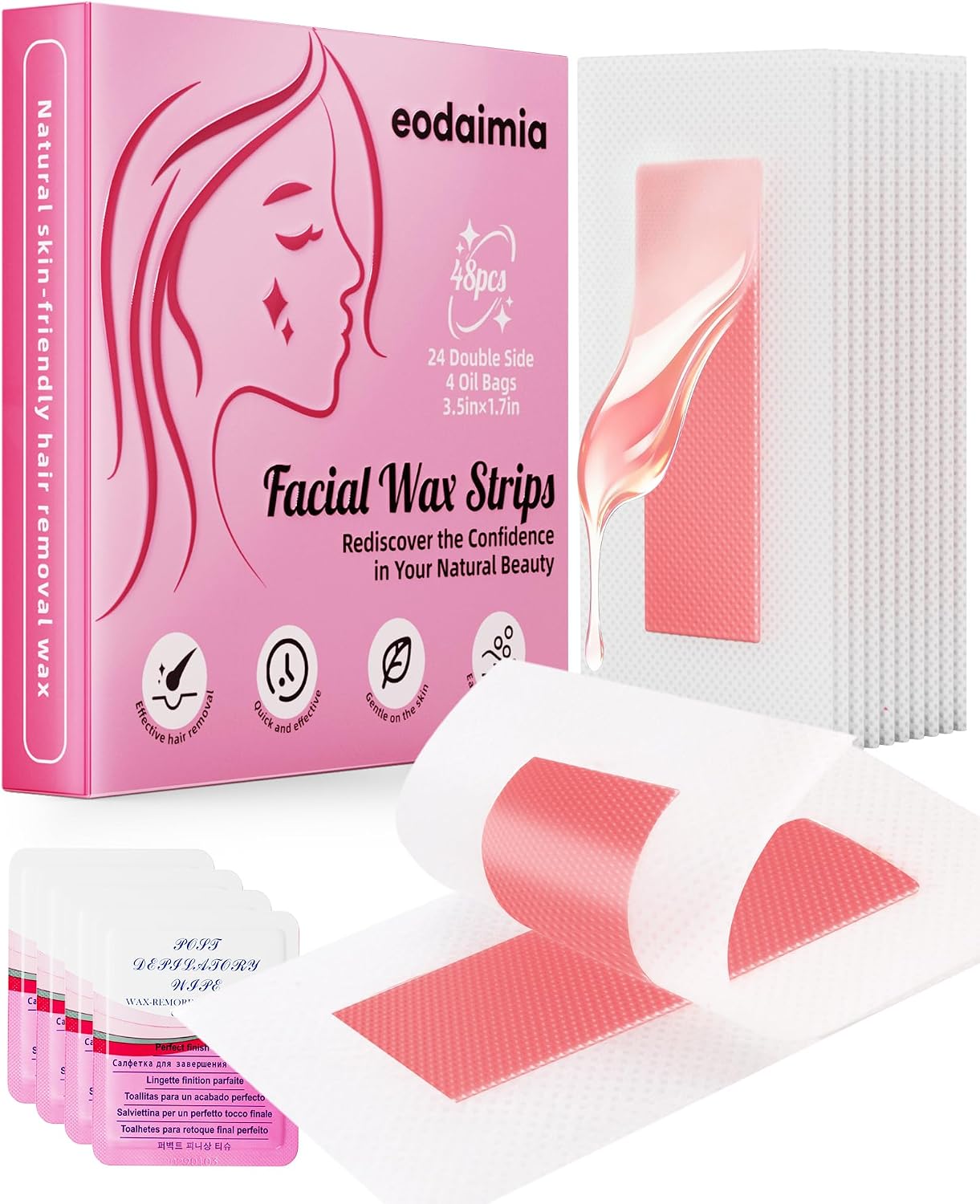 eodaimia 48pcs Wax Strips For Face, 48 Facial Wax Strips For Women, Waxing Kit For Women's Face, Eyebrow, Lip, Bikini, Chest, Body & 4 Calming Oil Wipes, Face Waxing Strips For All Skin Types