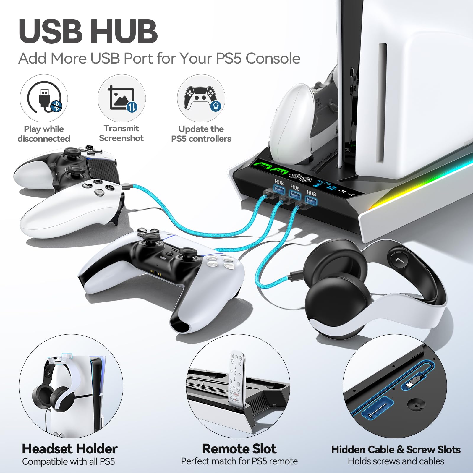 PS5/PS5 Slim/PS5 Pro Ständer für Disc & Digital, 3-stufiger Auto PS5 Lüfter und RGB LED mit PS5 Controller Ladestation für PS5 & Edge Controller, PS5 Zubehörsets mit 3 Ladeanschlüssen 5