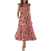 OFEEFAN Women's Casual Maxi Dresses with Pockets Ruffle Sleeve Smocked Dress XS-2XL