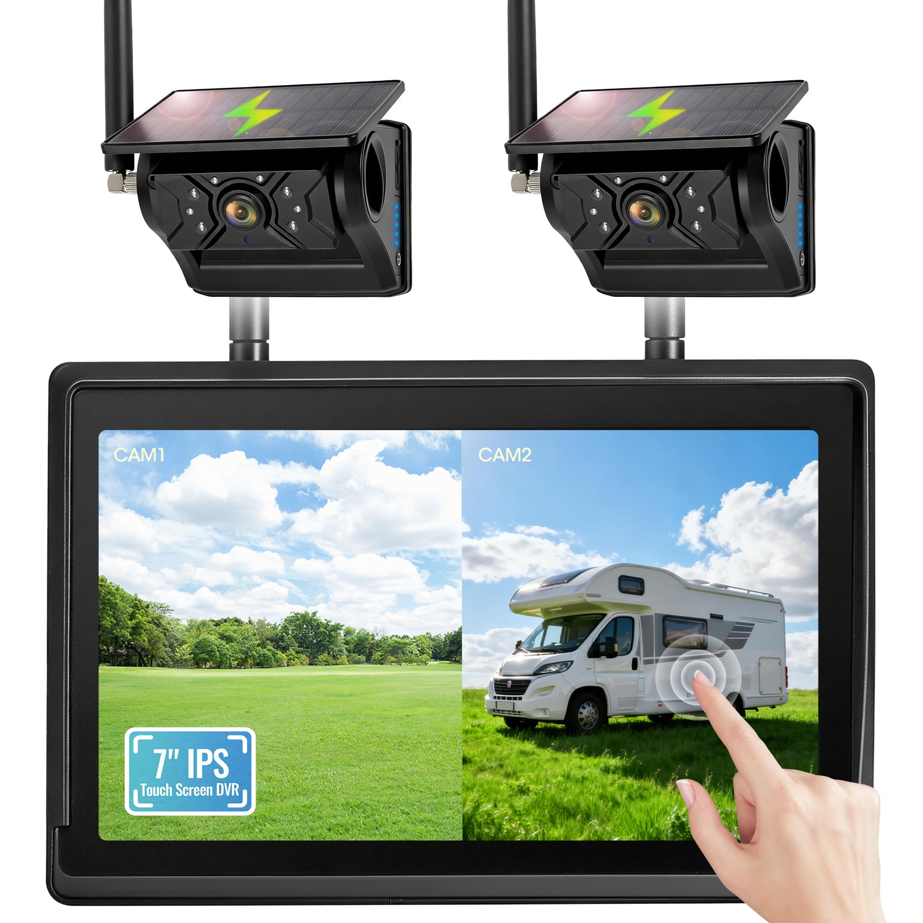 Photo 1 of HEECOOMI 2 Magnetic Solar Wireless Backup Camera System, 7" IPS Touchscreen with DVR, Dual Rechargeable IR Night Vision Rear View Cameras, Zero Wiring for Hitching Trailers/Skid Steer/Campers, AH7-2