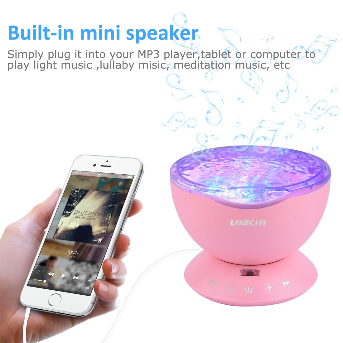 LOBKIN Ozean Wellen LED Nachtlicht-Projektor mit multifunktionaler Sensor Touch-Fernbedienung und integriertem Mini-Musikplayer/Lautsprecher (4 Melodien gespeichert) - Perfekt für Kinderzimmer, Wohnzimmer und Bad (12 LED Backlights)(Neues D