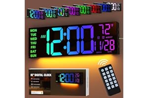 GOLOZA 16" Large Digital Wall Clock, Led Clock with Remote Control, Dual Alarms, 10 Brightness Dimmer, 8 Colors, 5 Volume, Au