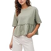 Lenader Women Summer Short Sleeve T-Shirts Oversized Dressy Casual Work Blouses Cropped Cute Ruffle Babydoll Peplum Tops