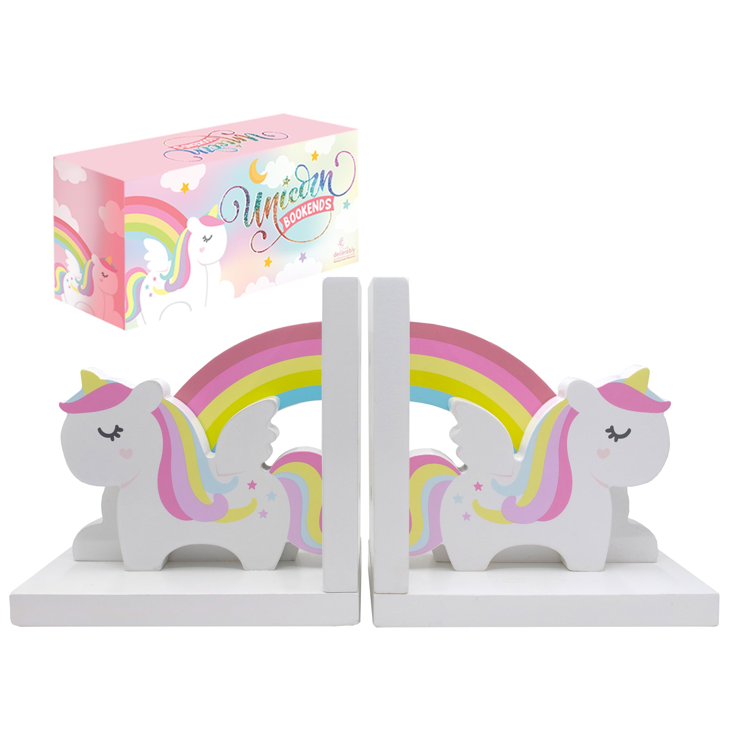 Photo 1 of Decorably Unicorn Bookends for Girls - 1 Set Non-Skid Wooden Kids Book Ends for Shelves, Kids Bookends for Girls