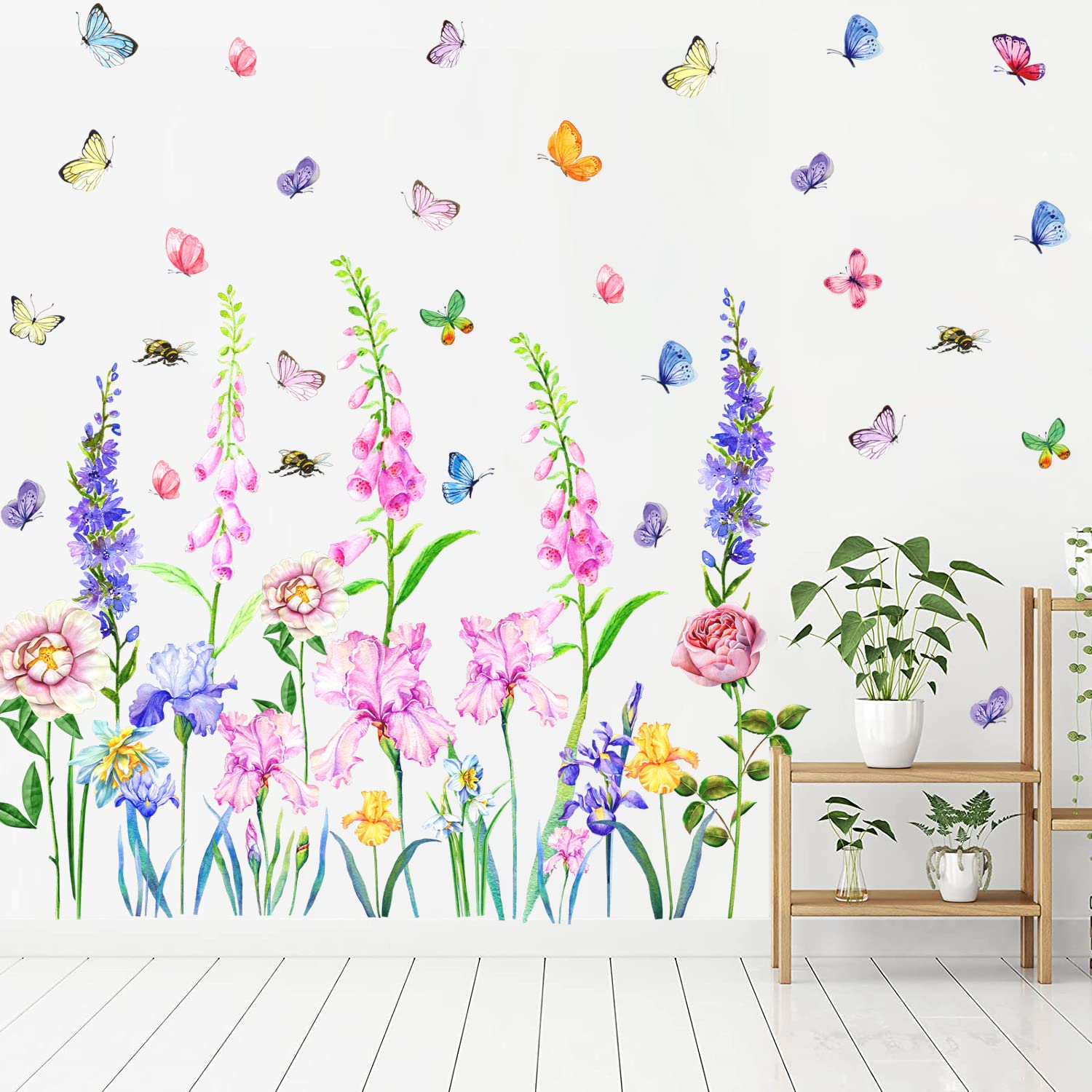 Garden Flower Wall Decals wall stickers for Bedrooms for Girls Butterflies Floral Wall Stickers Removable Plant Stickers Iris Flowers Decals for Nursery Living Room Kitchen Art Mural Home Decoration — image 1
