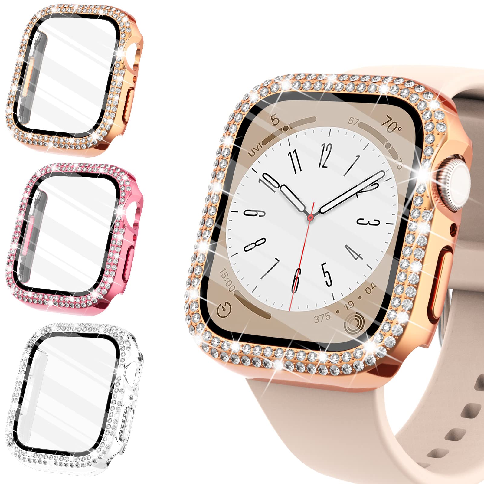 WINGLE Compatible with Apple Watch Screen Protector 44mm SE 3 2 1/ Series 6 5 4, Women Shiny Diamond Cover with Tempered Glass Screen Protector for Apple Watch Case 44mm,Rose Gold/Pink/Clear
