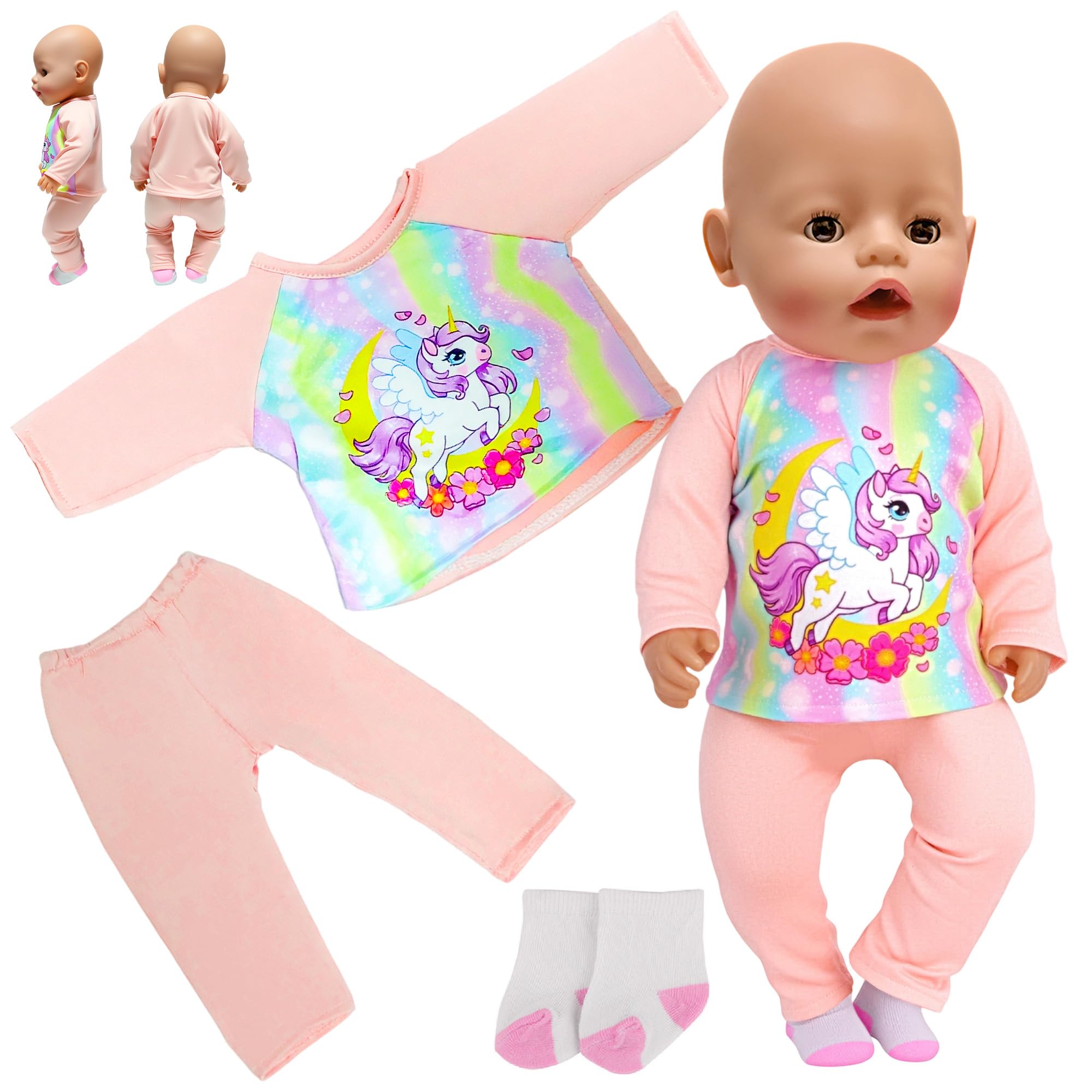 Baby Doll Clothes for 14-18 Inch Dolls, Sweet Dolls Clothes with Cute Cartoon Pink Pony Print Top and Pants Socks, Baby Doll Accessories for 35-45cm Dolls Kids Gift