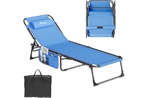 YITAHOME Patio Lounge Chair, Portable Reclining Chairse Lounge Folding Camping Cot 5 Posistion Adjustable w/Head Pillow & Portable Handbag for Camping, Pool, Beach and Patio, Blue