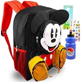 Mickey Mouse Backpack for School Bundle w/ 16" Deluxe Bookbag for Kids | Large Durable Mickey School Bag w/ 4 Zip Pockets, 3D Ears Plus Water Bottle, Stickers, More - Mickey Mouse School Supplies