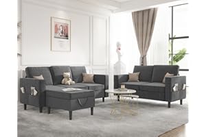 Mjkone Modern Sectional Sofa Couch Set with Wooden Legs, 3 Pcs Couch Sets with Storage Ottoman, Sofa and Loveseat Set with 8 Side Pockets, Living Room Furniture Set for Living Room (Dark Grey)