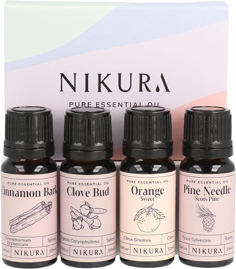 nikura Christmas Essential Oil Gift Set 4 x 10ml Cinnamon Clove Sweet Orange