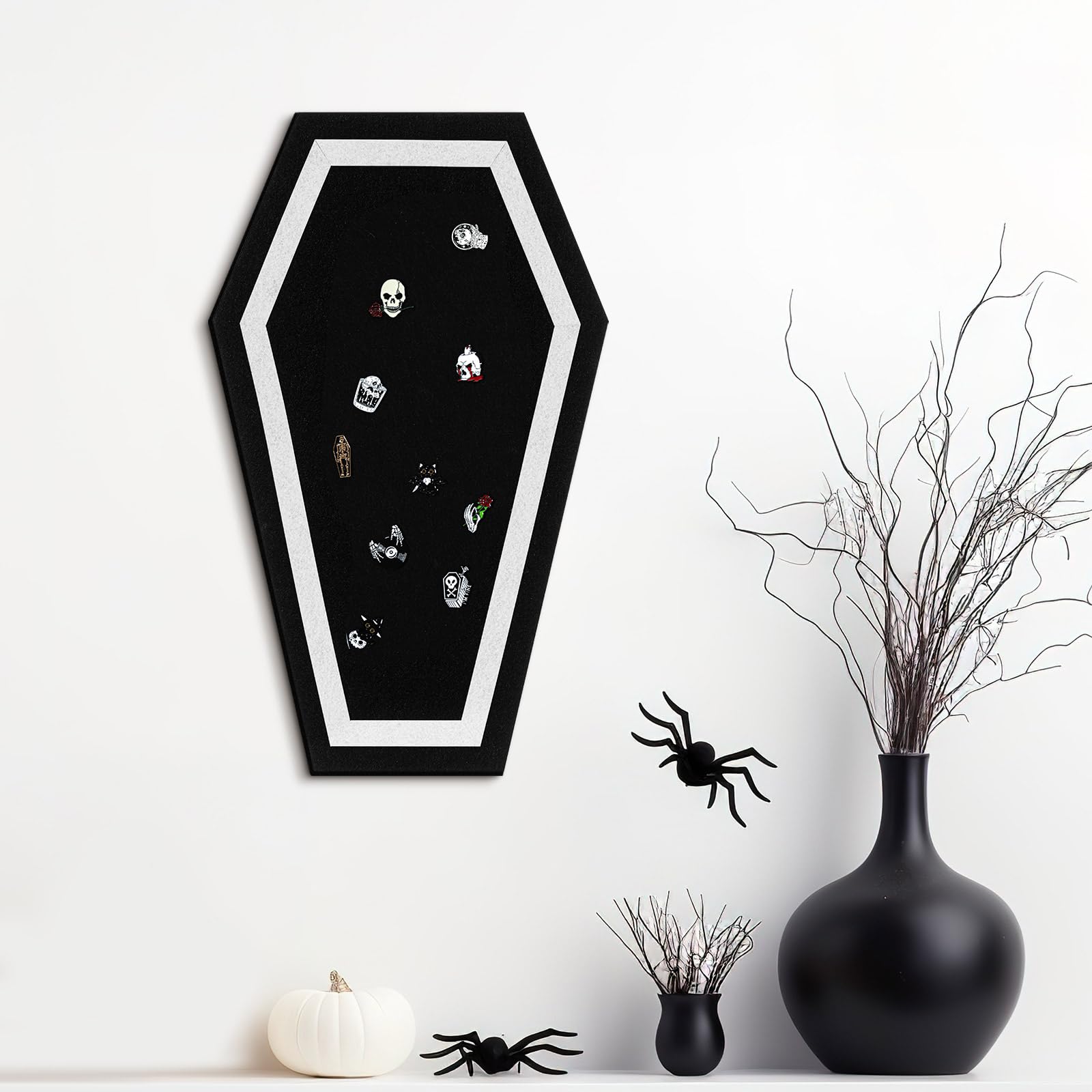 Photo 1 of Mooliwe Coffin Felt Bulletin Board Black Gothic Home Decor 20 Inch Coffin Pin Display Wall Decor Christmas Halloween Creepy Spooky Gifts for Home, Office Party