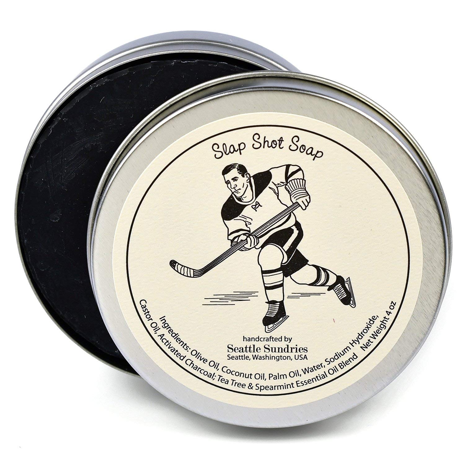 Slap Shot Soap-100% Natural & Hand Made. Scented with Essential Oils. One 4 oz Bar in a Convenient Travel Gift Tin. Great For Hockey Skating Fans.